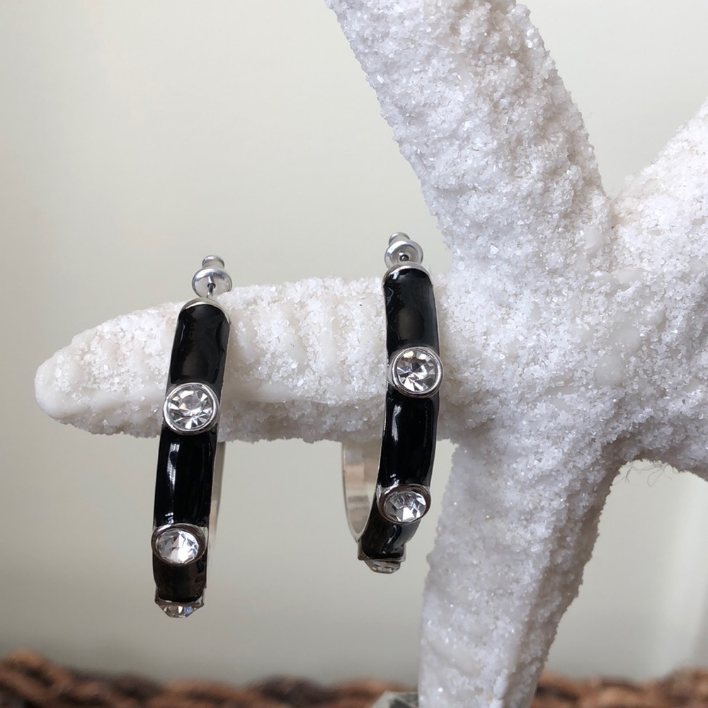 Pretty Black Enamel Hoops With Rhinestones